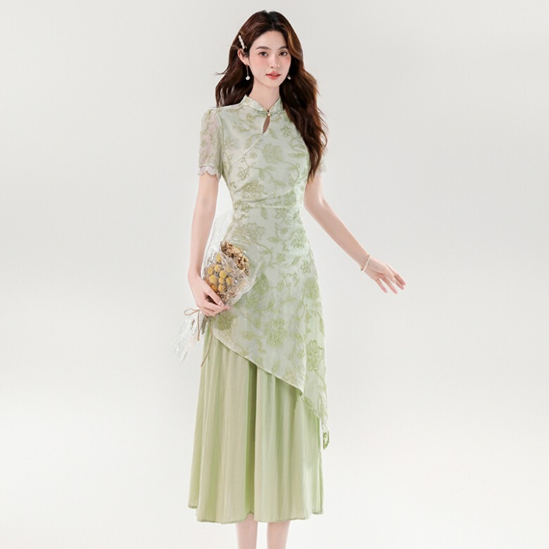 Summer New Chinese-Style Elegant Ladylike Long Dress with Irregular Design and Fake Two-Piece Embroidery