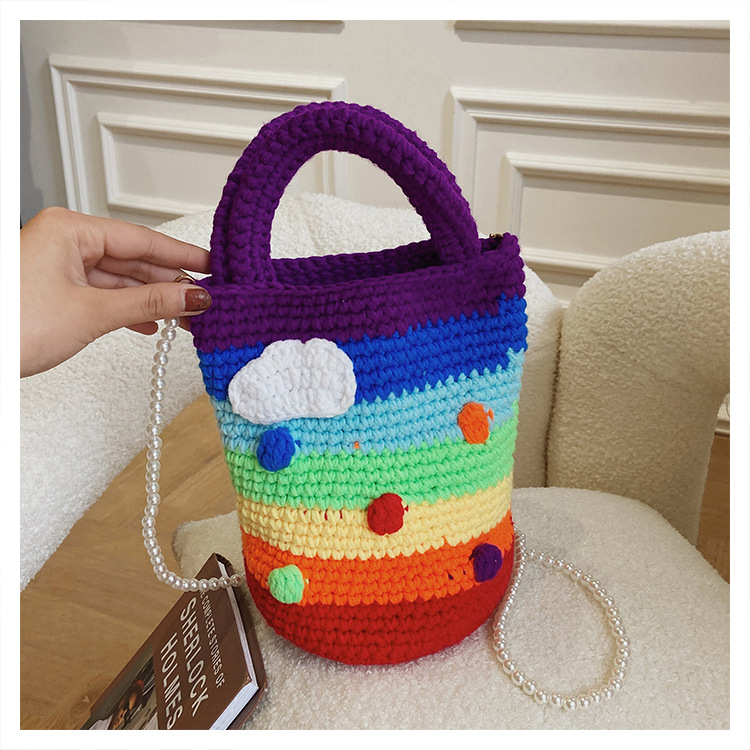 Women's Medium Plush Rainbow Stripe Cute Beading Weave Bucket Open Crossbody Bag display picture 26