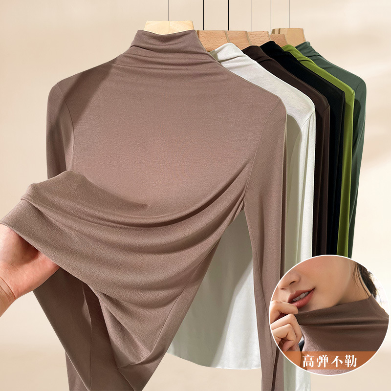 Modal Half-high Collar Base Shirt Women's Spring and Autumn All-match Slim-fit Long-sleeved Shirt Black Slim-fit Outer-wear Top