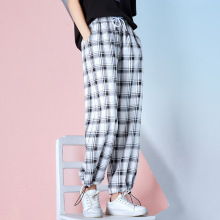 2024春夏格子洋气宽松九分阔腿裤休闲抽绳运动女潮束脚哈伦裤女