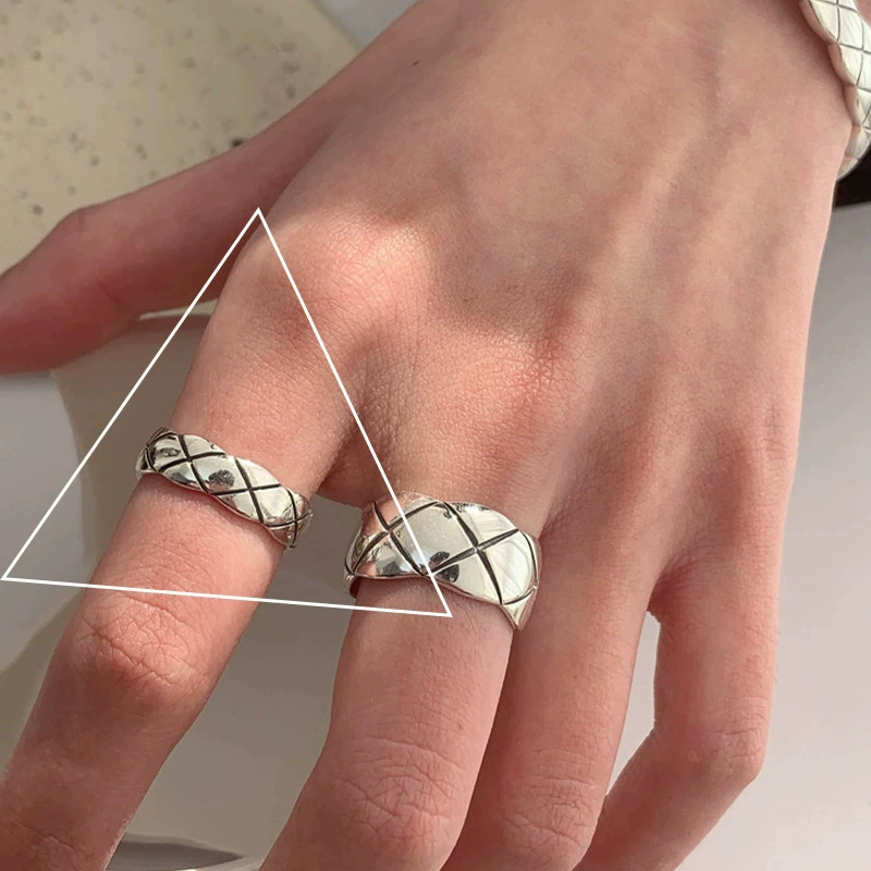 retro fashionable geometric ring hip-hop style, silver 925 sample, on index finger