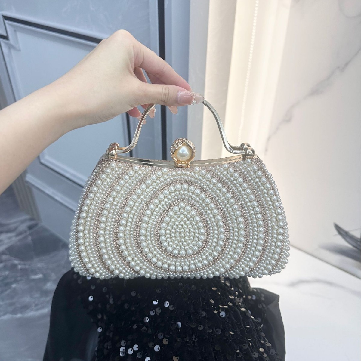 New European And American Style Women's Dress With Diamond Embellishments, Pearl Evening Single Shoulder Crossbody Bag,_voghion.com