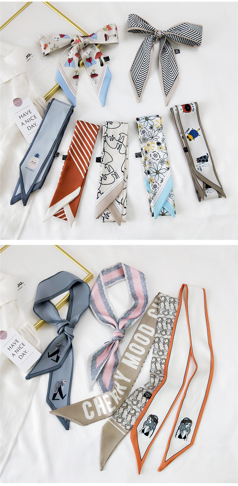30g Weight Silk Scarf Classification Travel Occasion Unisex Gender Sweet Style Khaki, Grey, Pink, Purple, Red, Green, Blue, Black Color Fashion Streamer Printing Bow Silk Scarf Wholesale 2