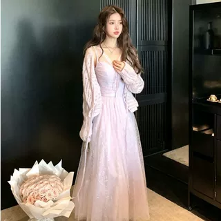 62196紫色长款v领无袖收腰蕾丝吊带裙夏季2026法式气质大码连衣裙