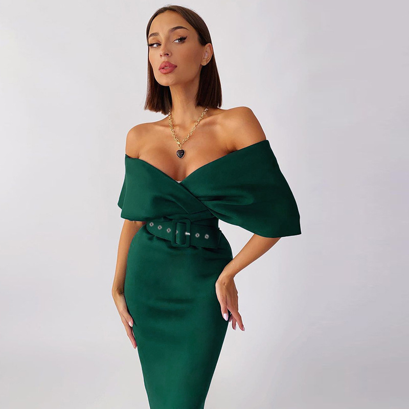Slim Off-The-Shoulder High Waist Solid Color Dress With Belt NSAFS115631