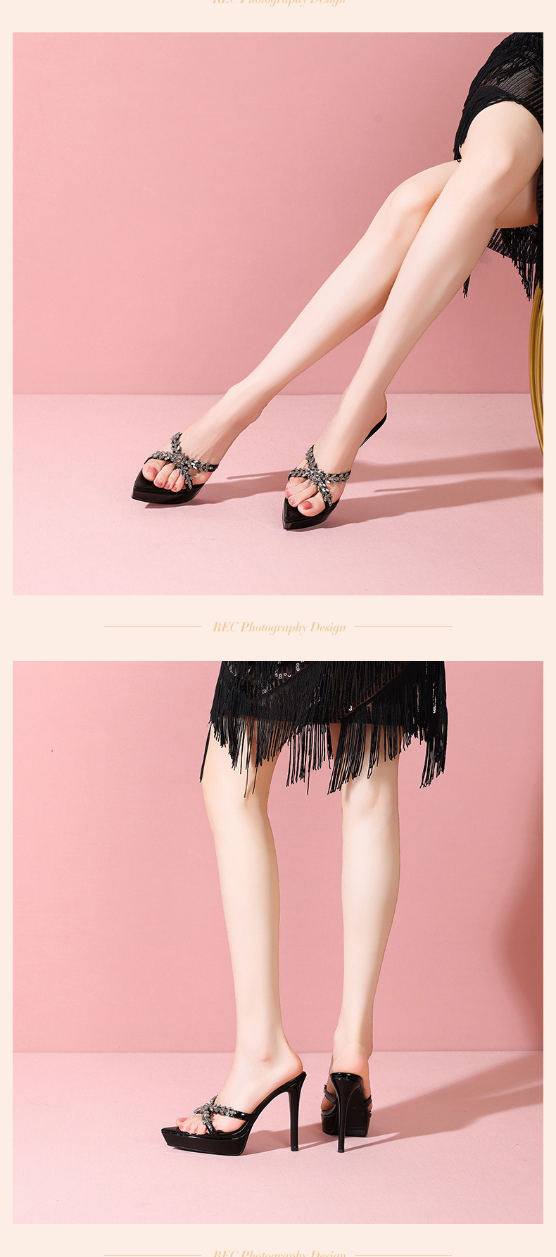 Sandal cao gót nữ mũi nhọn hở ngón đính đá rhinestone, gót 10 cm, đế platform — Màu nude 10cm chi tiết 6