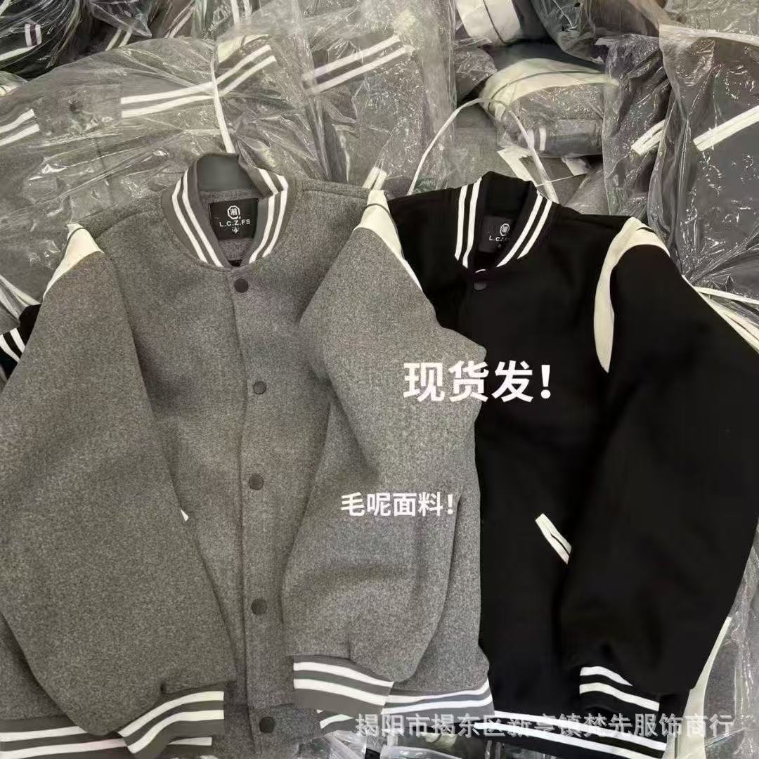 American Retro Gray Splicing Baseball Jacket Men's Spring and Summer College Style Woolen Jacket Short Couple Jacket