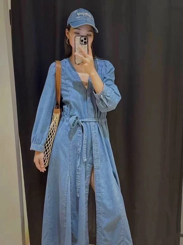 法式小众25年早秋新款复古简约七分袖V领系带中长款牛仔连衣裙女|undefined