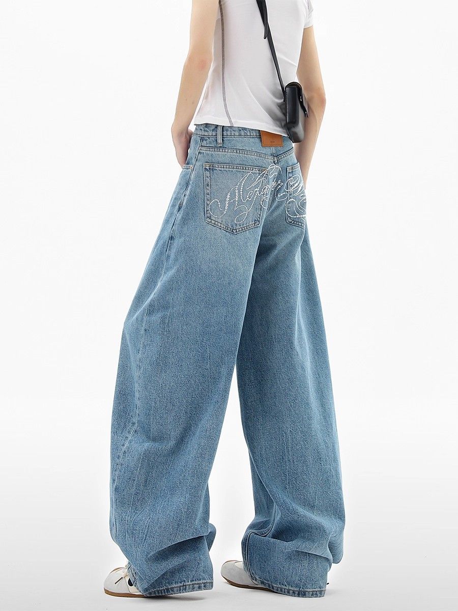 Women's American Style Washed Rhinestone Silhouette Curved Cut Jeans Loose Wide Leg Trousers Casual Cotton Polyester Denim_ecoleips.com