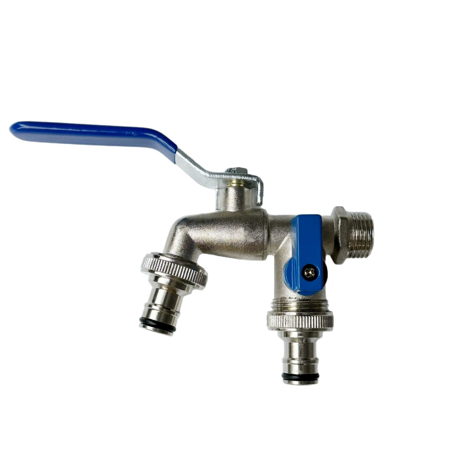 Садовый кран с двойным выходом 1/2 дюйма из цинкового сплава, один вход и два выхода, с двойным ниппелем и синей ручкой