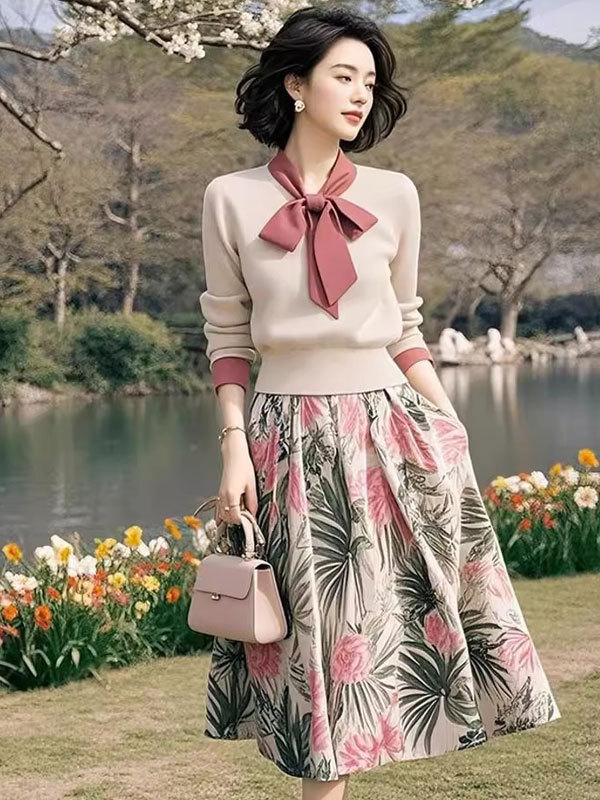 小个子气质显瘦高级感系带针织碎花开衫半身裙2025新款套装女|undefined