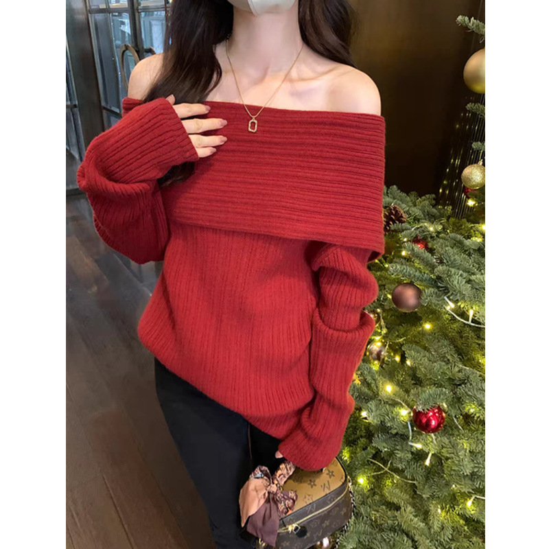 Red Atmospheric Off-Shoulder Sweater for Women, 2025 Autumn and Winter New Style, Lazy Style Sweater, Base Knit Top, Exposed Shoulders