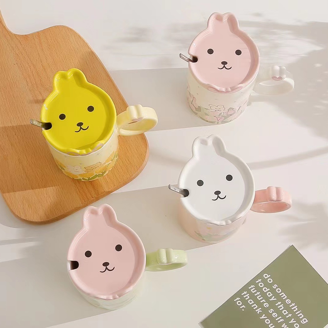 Creativo lindo conejo de dibujos animados taza tulipán flor fresca café con tapa cuchara chica corazón