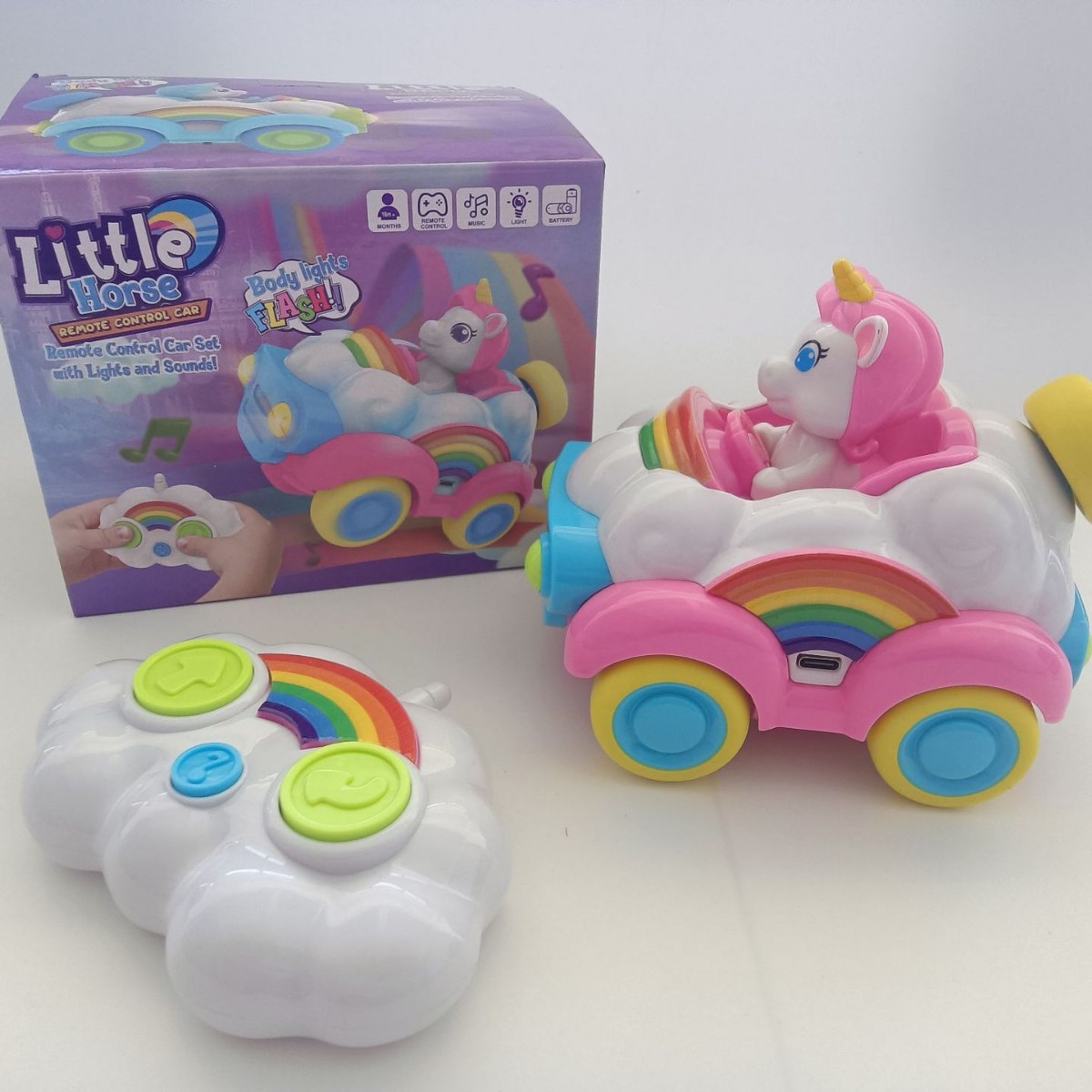 Coche de juguete modelo unicornio musical de dibujos animados transfronterizo con control remoto, arcoíris, rosa y azul, para niños y niñas
