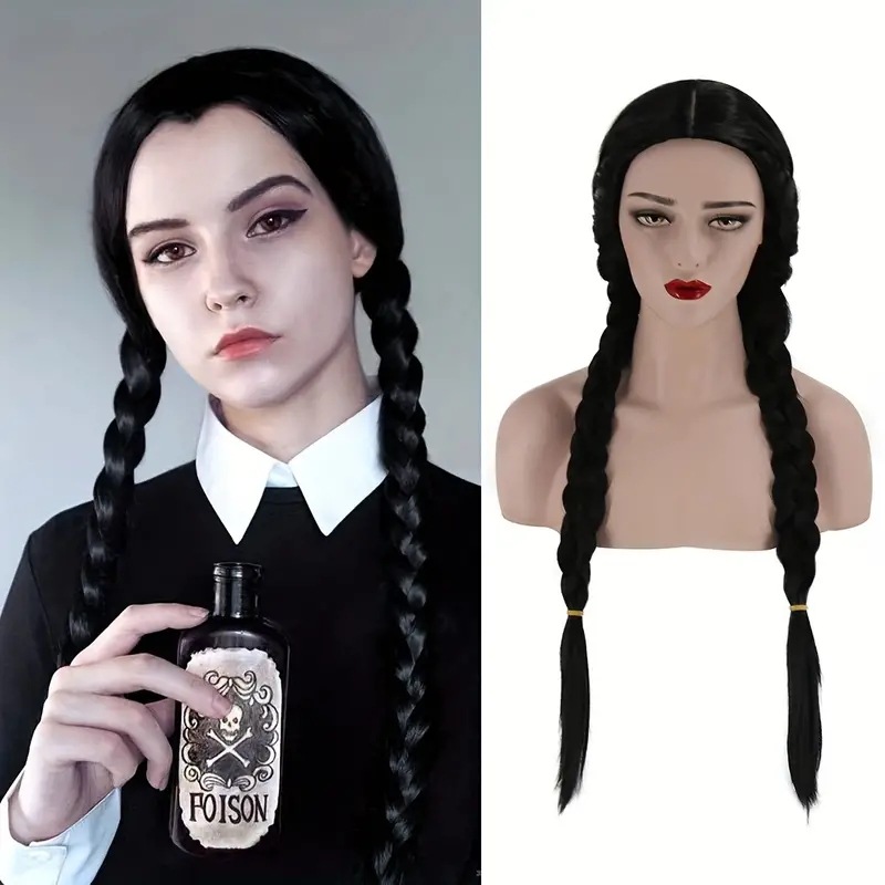 Svart wednesday cosplay peruk med flätad hästsvans_voghion.com