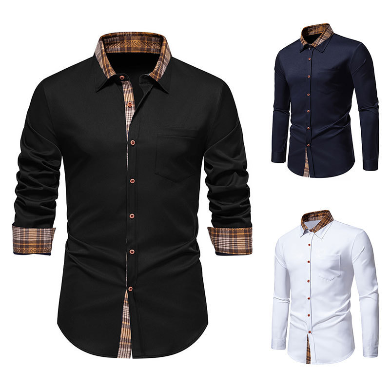 Amazon new men's triangle collar Plaid color matching long sleeve shirt A350