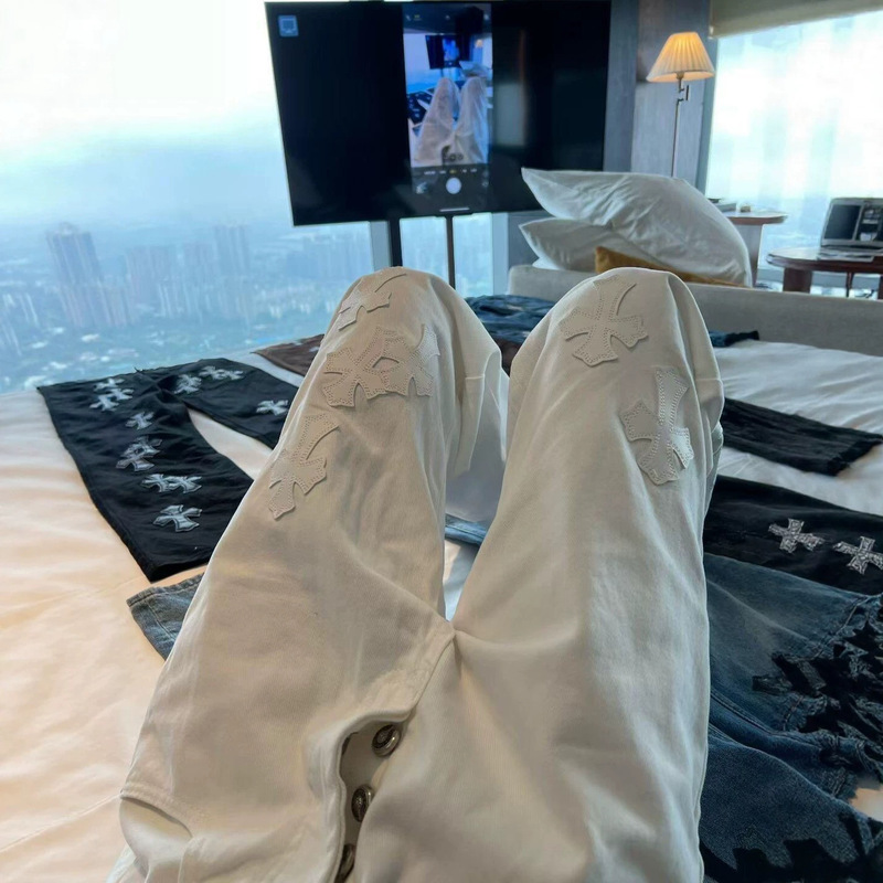 Chrome Hearts High-Quality Replica High-Street White Cross Leather Label Denim Pants Loose Fit Straight-Leg Trendy Pants Wholesale Chrome Hearts High-Quality Replica High-Street White Cross Leather Label Denim Pants Loose Fit Straight-Leg Trendy Pants Wholesale