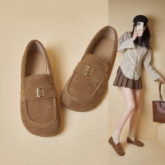 真皮豆豆鞋女套腳2024春季新款一腳蹬平底百搭懶人鞋絨皮休閒單鞋