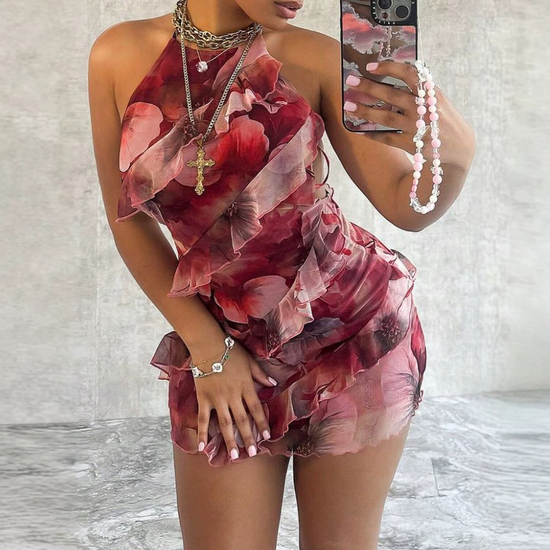 Cross-border European and American women's clothing, mesh floral print camisole mini dress, backless ruffle sexy bodycon short dress