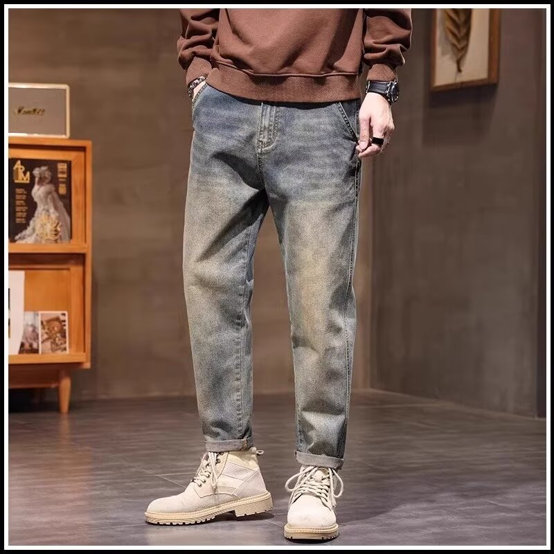 2024 otoño nuevos hombres estilo americano retro lavado de pierna ancha jeans-escalera amarilla-N929-T032-P45