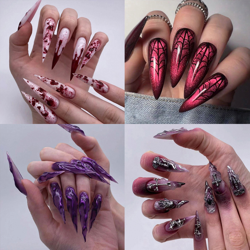 Halloween Wearable Nails 3D Short Manicure Fake Nails European and American Spider Bat Long Blood Drops Nails