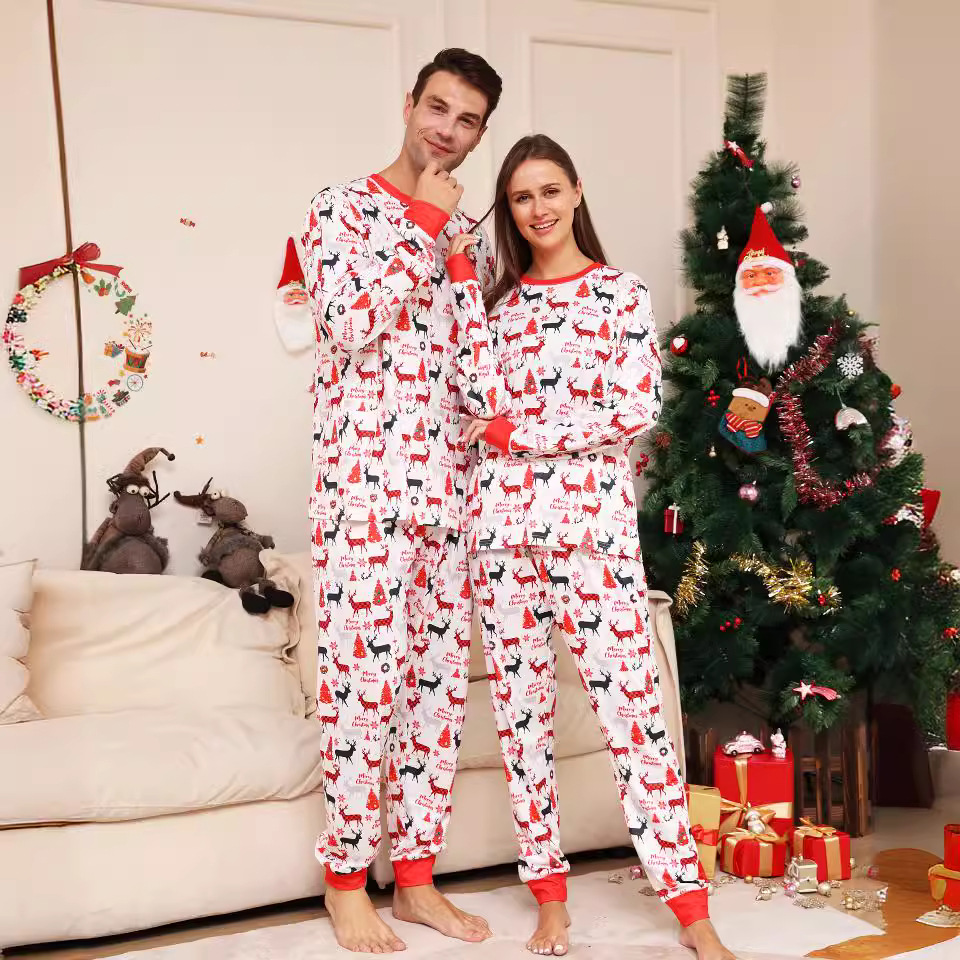 Christmas Alphabet cartoon Deer Christmas family dress printed home dress pajamas_voghion.com