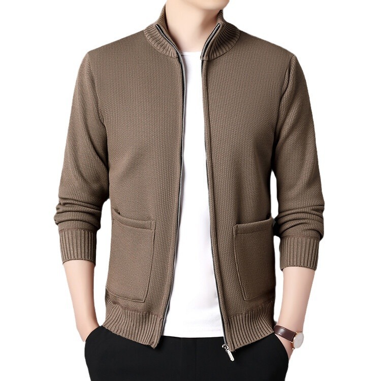 Hombres de lana primavera / otoño / invierno cardigan de punto de mediana edad ocio cálido coreano color sólido suéter de cuello alto chaqueta grande