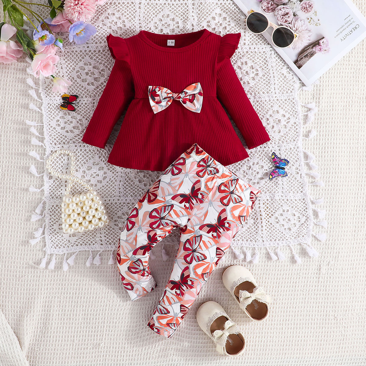 Exclusional transfronterizo-primavera y otoño bebé pit top de manga larga pantalones con estampado de mariposa traje de dos piezas casual bebé