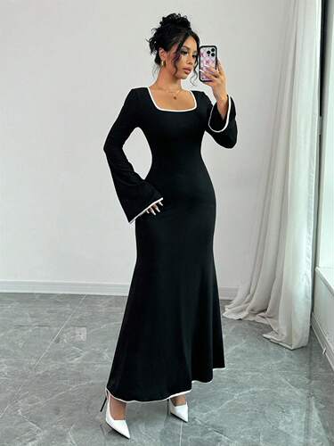 European and American new style temperament square collar socialite style contrasting color slim slimming elegant dress