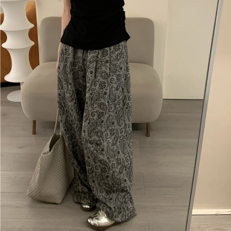 Cotton Silk Summer Pajamas for Women, Thin Wide-Leg Pants for Home, Thin Floral Pants That Can Be Worn Outside, Artificial Cotton Nine-Point Pants