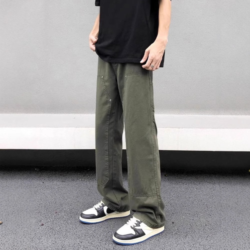 Army Green Logging Worker Trousers for Men - 2025 Spring American Street High-Street Loose Straight Casual Pants Cleanfit