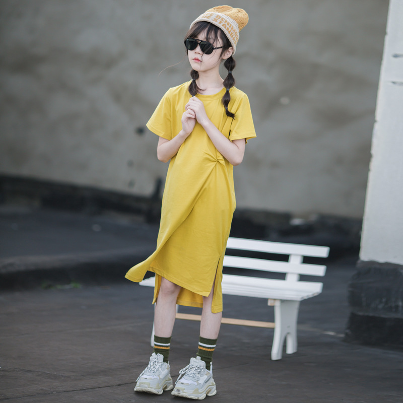 2024 vestido de verano para niñas, camiseta para niños de longitud media, falda larga, falda casual japonesa de algodón puro para niñas