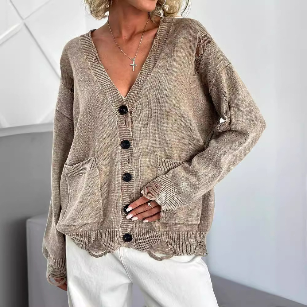 Vintage-Strickcardigan für Damen im Used-Look – Langärmliger, offener Pullover mit Taschen, Boho-Chic und lässige Bürokleidung für Herbst/Winter_voghion.com