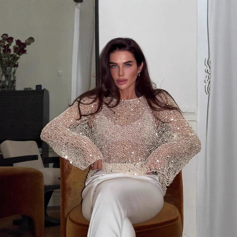 European and American Stylish Sexy Lady Style Sequin Decorated Knitwear Slim Long-Sleeved Top Women's Winter Style High-End