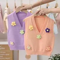 Children's vest, jacket, thin sweater sleevless, V-neckline, flowered