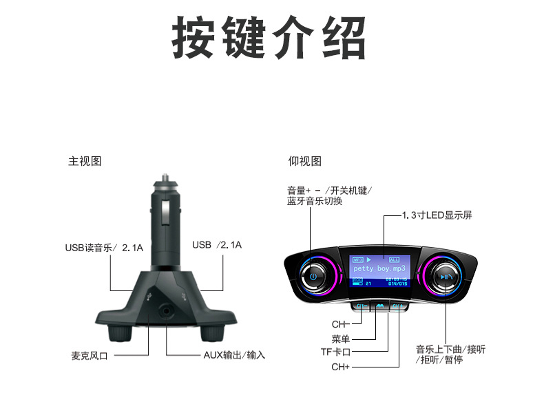 Bt06 New Model Dot Matrix Screen Car Mp3 Bluetooth Hands-Free Fm Transmitter 2.1A Fast Charging