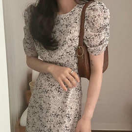 韩国东大门imissyou碎花连衣裙 2025夏气质显瘦收腰系带素雅长裙