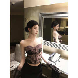 古董情书紫金色中古蕾丝抹胸女蝴蝶结拼接修身上衣