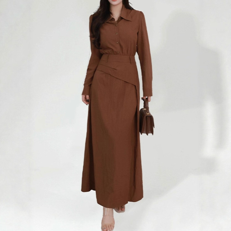 2025 New Plus Size Women's Slightly Fat mm Spring and Autum Slimming Look Belly-Covering Long-Sleeved Skirt Dress