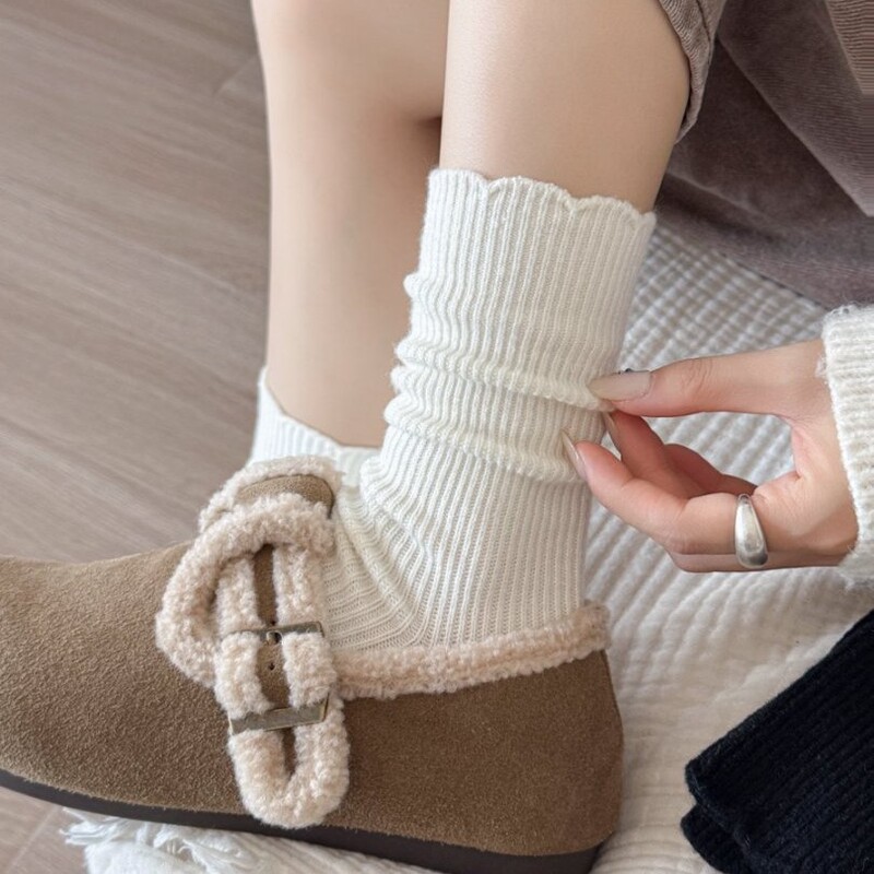 25秋冬新款袜子女中筒袜粗针仿羊毛女袜花边袜子女 日系ins潮休|undefined