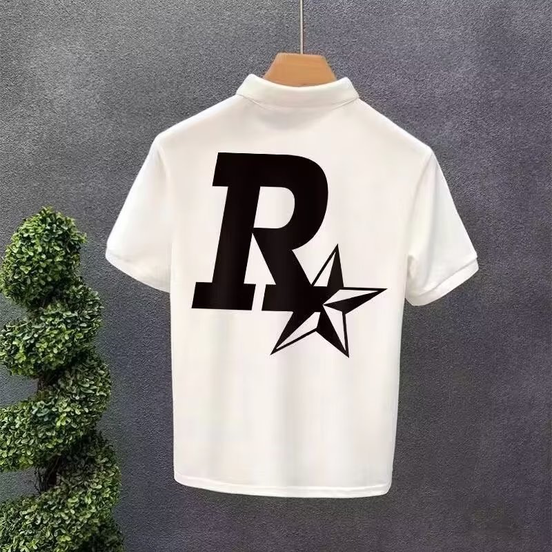 Verano 2023 camisa de Polo para hombre verano estampado de estrellas suelta estilo Hong Kong versátil estudiante casual cuello redondo camisa de manga corta blanco