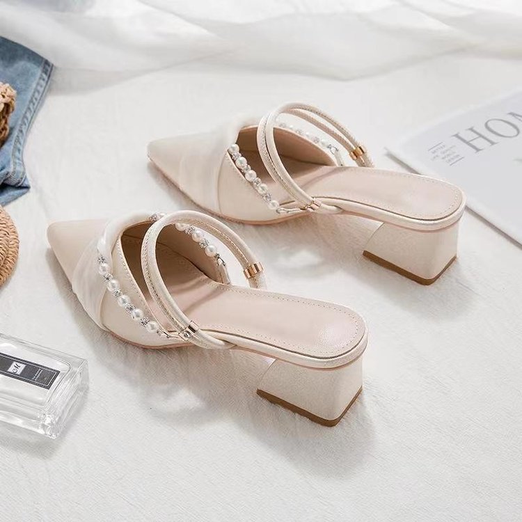 2025 primavera y verano nuevo estilo zapatos de mujer de tacón alto medio zapatilla francesa estilo hada dos ropa Baotou puntiagudo sandalias zapatos de mujer