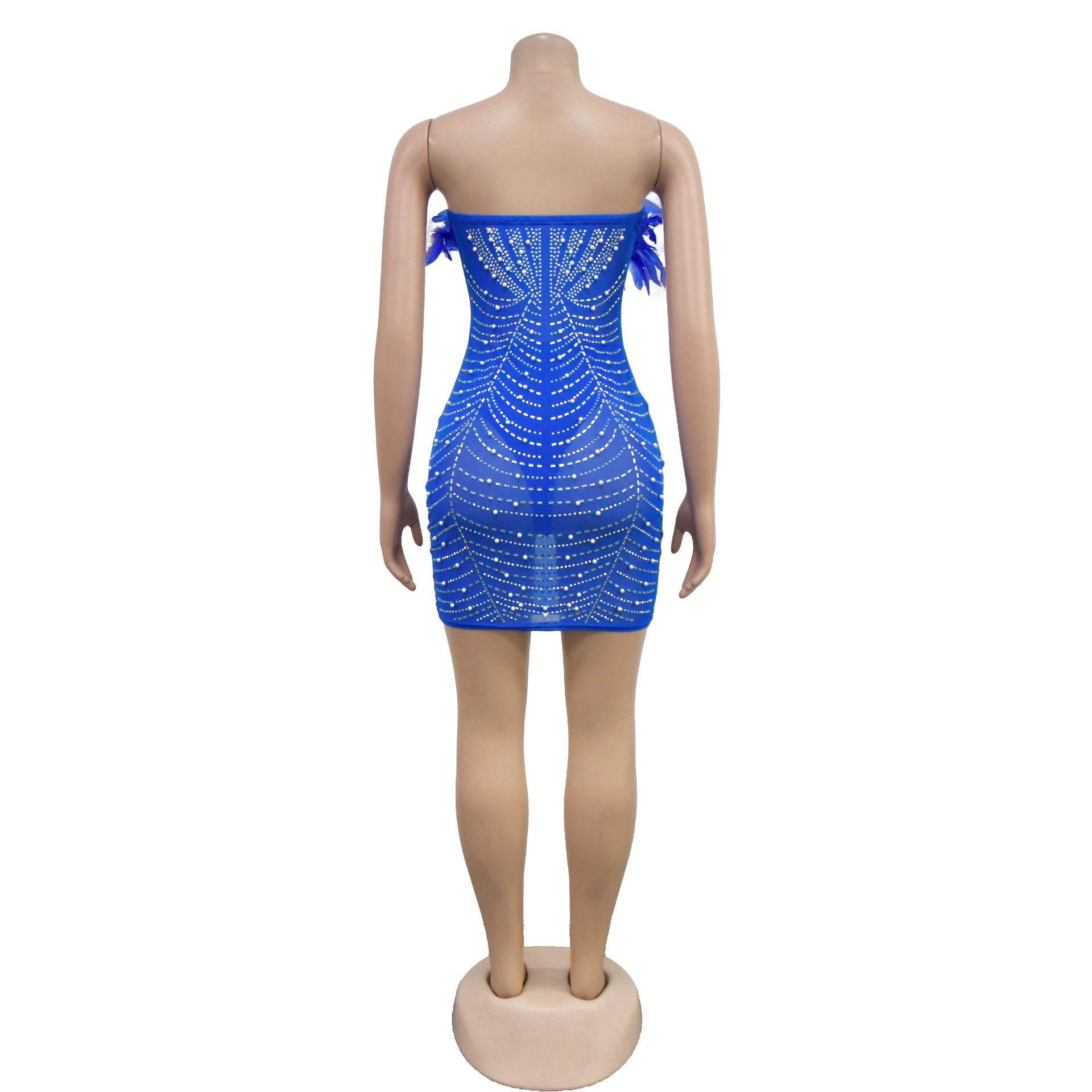 Damenkleid mit einfarbigem Mesh-Federrock und Strasssteinen_voghion.com