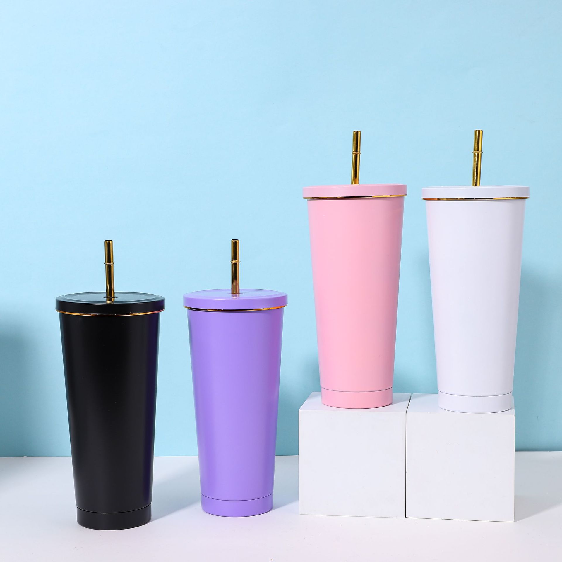 跨境不锈钢吸管杯便携金边大容量保温水杯高颜值不锈钢咖啡保温杯