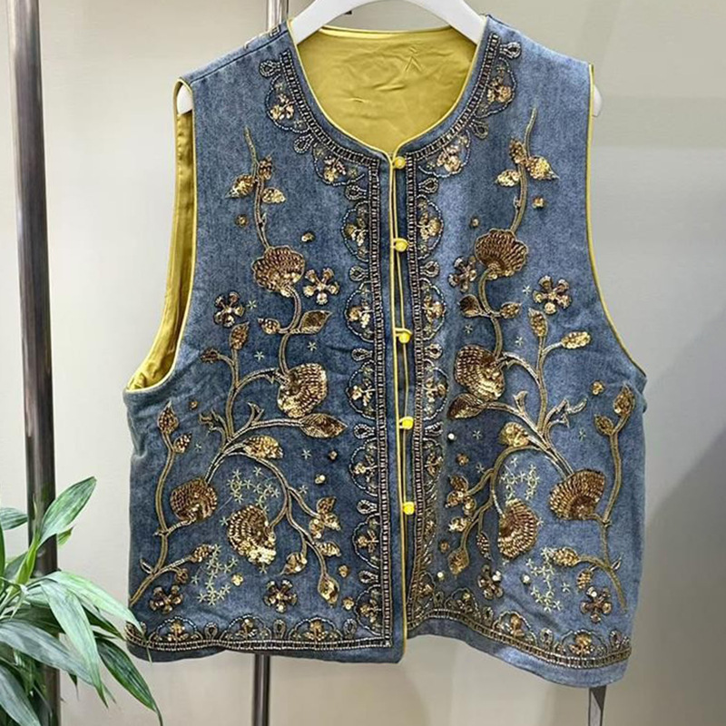 Nuevo estilo chino de la industria pesada bordada sequinilla clavado chaleco de vaqueros primavera nuevo plegado lujo ligero camisa de hombro para mujeres image 2