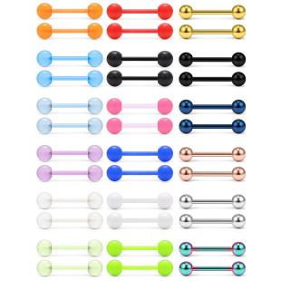 Cross-border 36-piece stainless steel tongue nail acrylic soft Rod anti-allergy luminous solid color 16mm Amazon hot sale