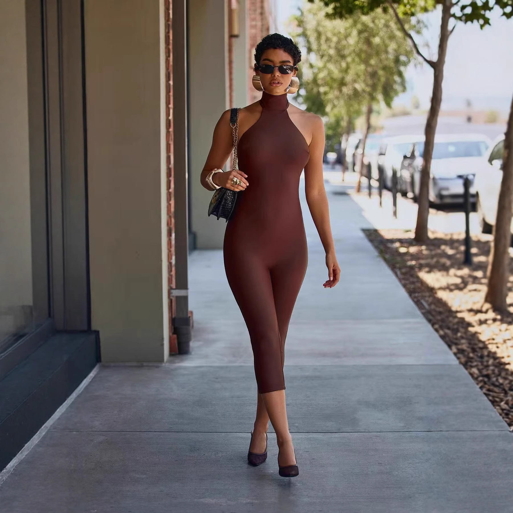 Cross-Border European and American 2025 New Women's Sexy Solid Color Sleeveless Halterneck Backless Sexy Slim Jumpsuit