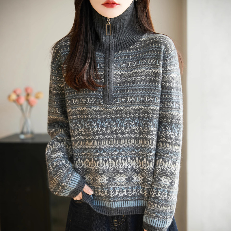 Cross-Border 2025 Autumn and Winter New Retro Raccoon Velvet Thickeneded High Collar Half-Zip Knitwear Long-Sleeved Jacquard Warm