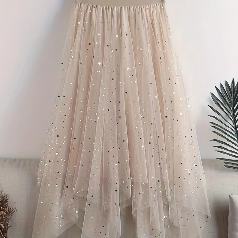 Cross-Border European and American Aliexpress Amazon Sequined Mesh Skirt Women's A-Line Mid-Length Irregular Mesh Skirt