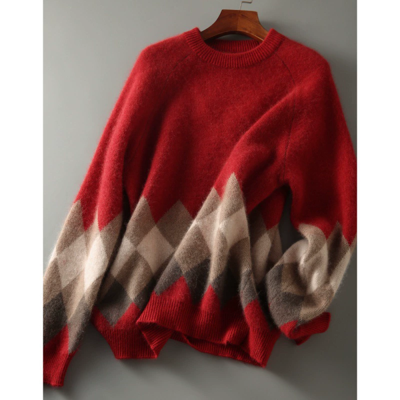Retro woolen knitted sweater, increased thickness, round collar